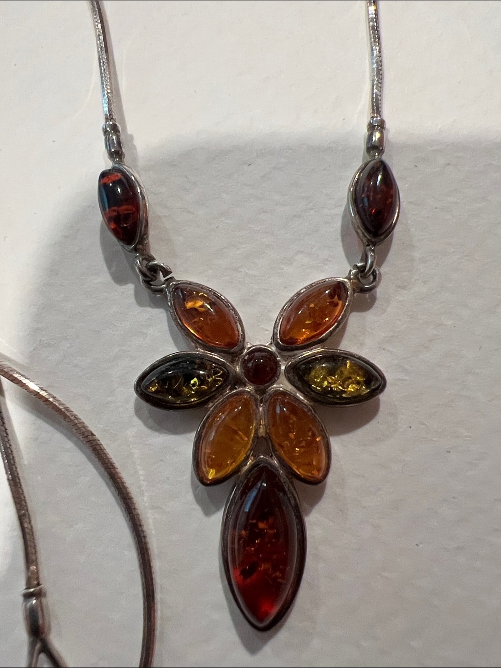 Sterling Silver Amber Flower Pendant Necklace - Multicolor Amber - Picture 2 of 4